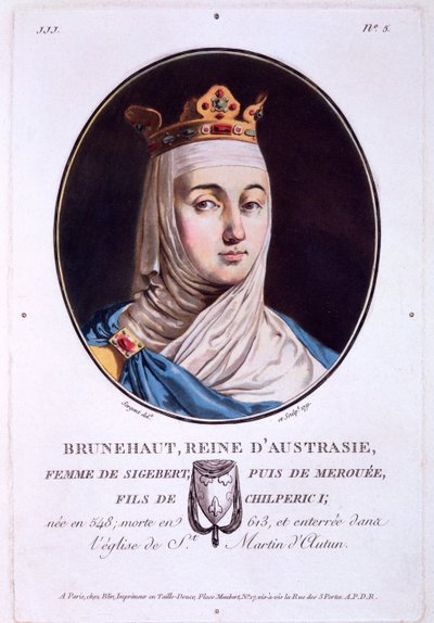 Brunilda, Reina de Austrasia, de Retratos de grandes hombres, mujeres ilustres y sujetos memorables de Francia, publicado 1787-92 de French School