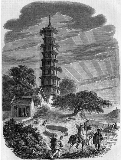 Arquitectura budista: vista exterior de la Pagoda Octagonal en la Isla Whampoa, China. de French School