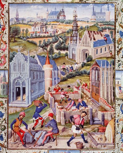 Obras en Saint Denis (Ciudad) para la construcción de 12 iglesias en honor de los 12 apotres. Miniatura extraída de la "Vida del Tres Noble Conde Gerard de Roussillon". de French School