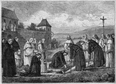 Entierro de un cartujo en la Abadía de Tamie en Saboya (Comunidad Cisterciense). Grabado de 1875. de French School