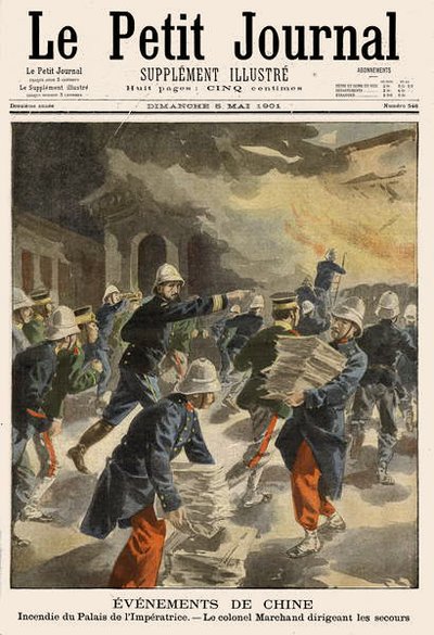 Quema del Palacio Imperial en Pekín durante la rebelión de los bóxers de 1900-01, ilustración de portada de Le Petit Journal, 5 de mayo de 1901 de French School