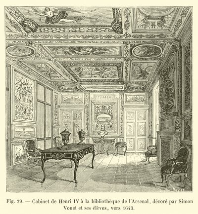 Gabinete de Enrique IV en la biblioteca del Arsenal, decorado por Simon Vouet y sus alumnos, hacia 1643 de French School