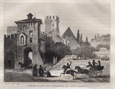 Pirámide de Cayo Cestio y Puerta de San Pablo en Roma - Grabado de 