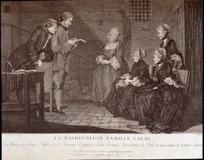 El asunto Calas: La desgraciada familia de Jean Calas (muerto en 1762): la madre, las dos hijas, con Jeanne Viguiere, su buena criada, el hijo y su amigo, v.1762. de French School