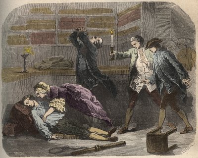 Caso Calas: el 13 de octubre de 1761, Marc Antoine Calas encontrado muerto en la boutique familiar en Toulouse - Grabado en "Causas célebres de todos los pueblos" por Armand Fouquier (1817-18?) 1858-1867 - colección privada de French School