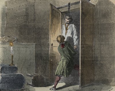 Caso Calas: el 13 de octubre de 1761, Marc Antoine Calas es encontrado ahorcado en la boutique familiar en Toulouse - Grabado en "Causas célebres de todos los pueblos" por Armand Fouquier (1817-18?) 1858-1867 - colección privada de French School