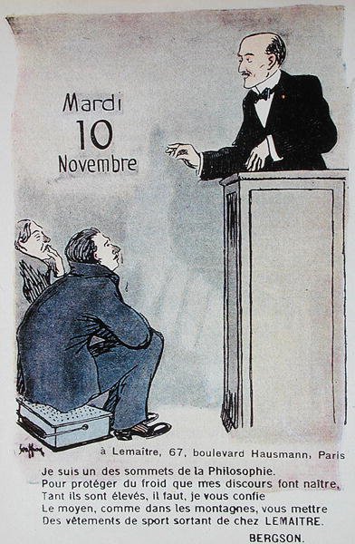 Calendario de 1914 que anuncia ropa deportiva con una caricatura del filósofo francés Henri Bergson (1859-1941) de French School