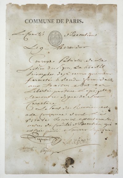 Llamado de Maximilien de Robespierre para unirse a la Comuna, 9 de Thermidor Año 2 (27 de julio de 1794) de French School