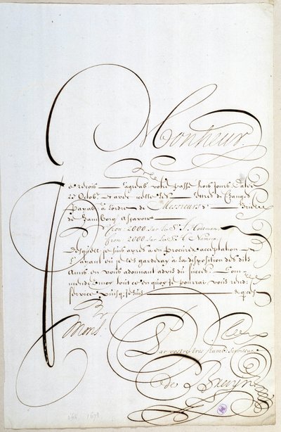 Caligrafía: Carta de cuentas caligrafiada alrededor de 1678 por François de Bruyn. de French School