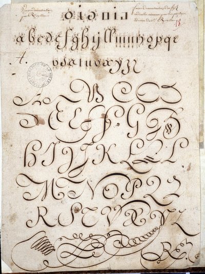 Caligrafía: Pieza manuscrita de redonda en vitela adornada con arabescos alrededor de 1813 por Sebastien Royllet. Biblioteca Histórica de la Ciudad de París de French School