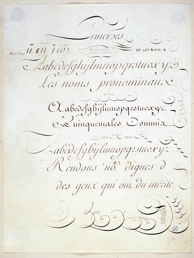 Caligrafía: Pieza manuscrita que representa el principio de tres escrituras francesas, hacia finales del siglo XVIII por Andre Tardieu de French School