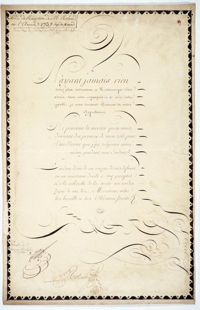 Caligrafía: Pieza de recepción fechada en 1737 por Andre Francois Roland de French School