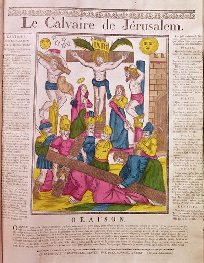 Calvario en Jerusalén, publicado por La Fabrique de Desfeuilles, Nancy (grabado en color) de French School