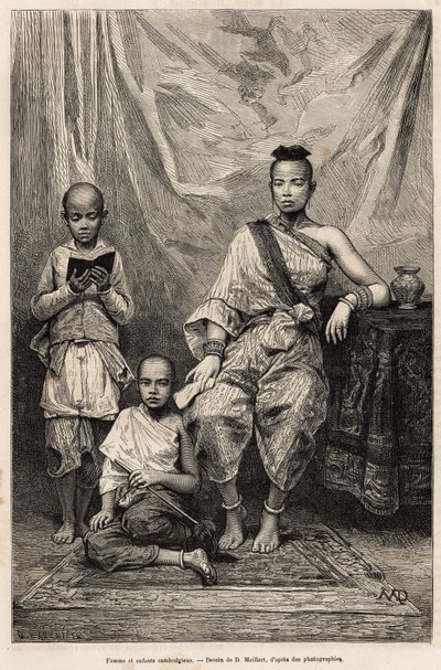 Mujer camboyana y niños, ilustración del viaje a Cochinchina, por el Doctor Morice, en 1872, publicado en “Le tour du monde” 1875, editado por Edouard Charton, edición Hachette, París. Colección Selva de French School