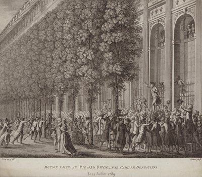 Camille Desmoulins llamando a las armas al pueblo en el Palais Royal, París de French School