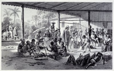 Campamento de negros en Brasil. Grabado del siglo XIX de French School