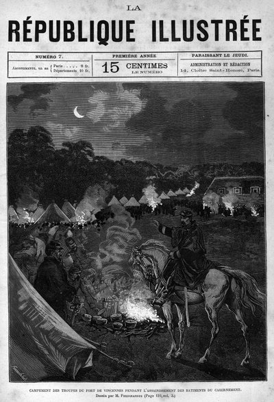 Campamento de las tropas del Fuerte de Vincennes durante la limpieza de los edificios de acuartelamiento. Un periódico. Grabado de 1880 en 