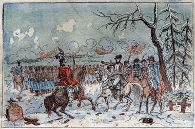 Campaña de Prusia y Polonia (1806-1807): "Napoleón I (1769-1821) en el campo de batalla de Eylau el 08/02/1807 ordenó a Murat repeler la caballería rusa. Grabado del siglo XIX. de French School