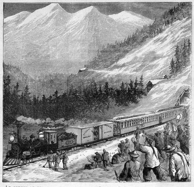 Ferrocarril Canadiense del Pacífico en 1888 - Paso de un tren en Sierra Nevada - Grabado en "Journal des Voyages" 1888 de French School