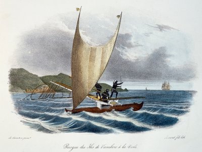 Canoa con vela de las Islas Vanikoro, Islas Salomón (archipiélago), grabado en color de Voyage of discovery of the Astrolabe undertaken by order of the king, during the years 1826-1829, por Jules-Sebastien-Cesar Dumont d