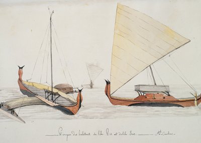 Canoas de los habitantes de las islas Pis e Iros (Islas Carolinas), acuarela de Jules-Louis Lejeune, del Viaje de Duperrey de French School