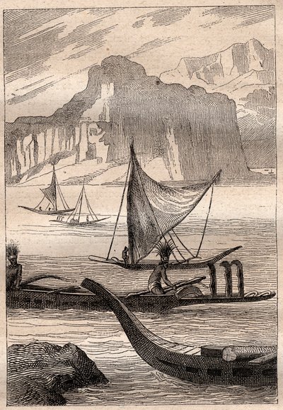 Canoas de las Islas Marquesas - ilustración tomada de “The Great Mariners of the 18th century” de French School
