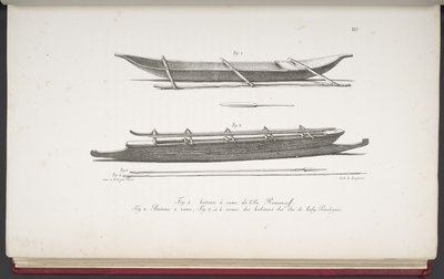 [Canoas de las Islas Marshall y una canoa y armas de las Islas Cook], de Pintoresco viaje alrededor del mundo, con retratos de salvajes de América, Asia, África y las islas del Gran Océano; paisajes, vistas al mar, y más de French School