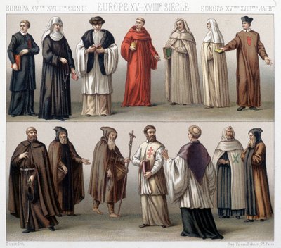 Canónigos del Santo Sepulcro en Polonia. Arriba: trajes de los siglos XVII y XVIII. Abajo: trajes de la época antigua de French School