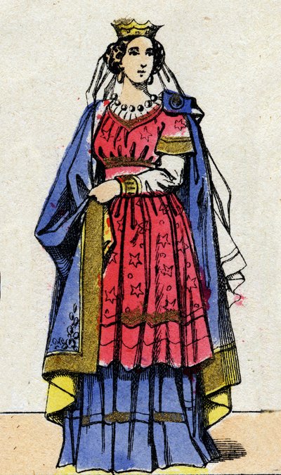Dinastía de los Capetos: Retrato de Adelaida de Aquitania (945 o 952 - 1004), reina de Francia esposa de Hugo Capeto (940-996). Imagen de Épinal de finales del siglo XIX. Colección privada. de French School
