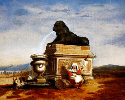 Capricho de restos romanos con una campesina italiana hilando, c.1825 de French School