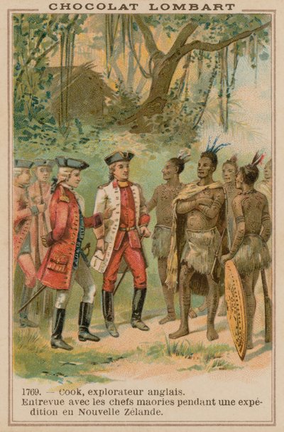 El capitán James Cook reuniéndose con jefes maoríes en Nueva Zelanda, 1769 de French School