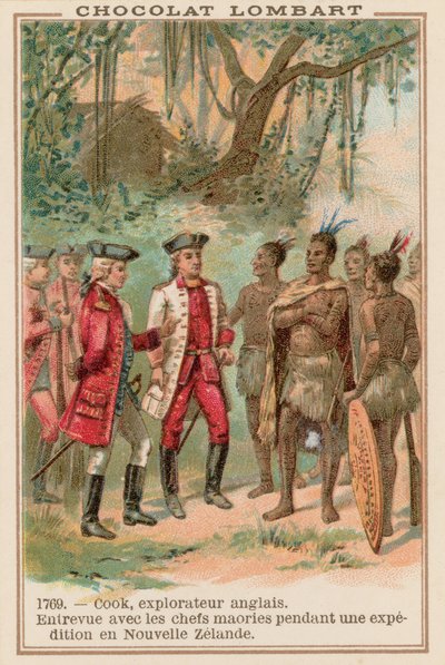 El capitán James Cook reuniéndose con jefes maoríes en Nueva Zelanda, 1769 de French School
