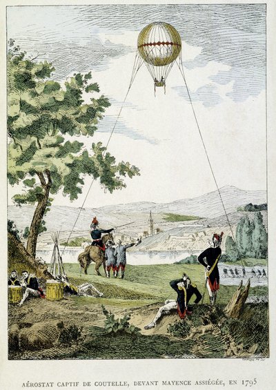 Aerostato cautivo por Jean Marie Joseph (Jean-Marie-Joseph) Coutelle (1748-1835), antes de Mainz asediada de French School