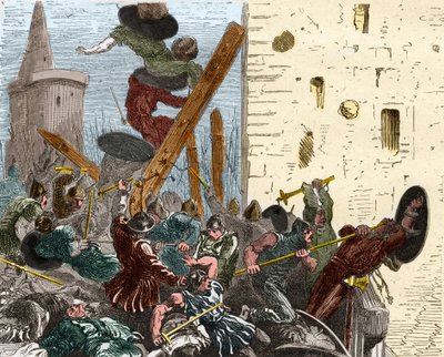 Captura de Carcasona durante la cruzada contra los albigenses en agosto de 1209. Grabado en "Histoire De France En Cent Tableaux" por Paul Lehugeur, 1891 de French School