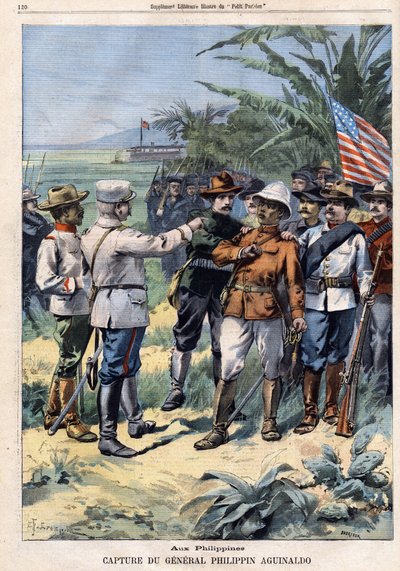 Captura del General y político filipino Emilio Aguinaldo (1869-1964) en Filipinas, en "Le Petit Parisien" el 14/04/1901 (grabado). de French School