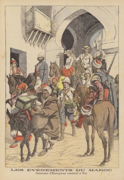 Caravana de europeos de regreso a Fez, Marruecos (litografía en color) de French School
