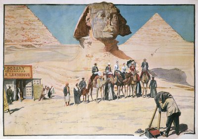 Caravana de turistas siendo fotografiada frente a la Esfinge en Giza de French School