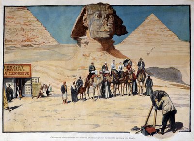 Caravana de turistas siendo fotografiada frente a la esfinge de Gizeh (Guiseh, Giza, Giza) de French School