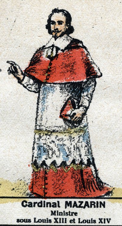 Cardenal Jules Mazarin (Giulio Raimondo Mazzarino o Mazarino) (1602-1661), estadista francés de origen italiano. En "Galería de Reyes y Reinas de Francia y personajes ilustres de 1643 a 1895" Imagen de epinal. de French School