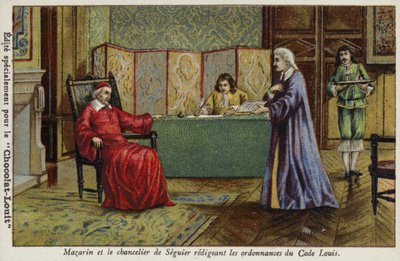 El cardenal Mazarino y el canciller Seguier redactando las ordenanzas del Código Luis de French School
