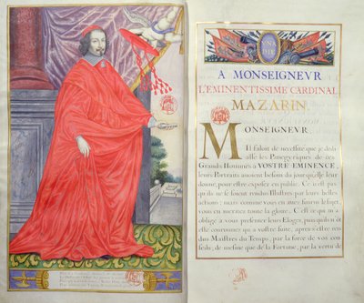 Cardenal Mazarino, ilustración y dedicatoria de Les Panegyriques des Hommes Illustres de Notre Siecle por Puget de la Serre, 1655 de French School