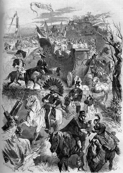 Carnaval de Mardi Gras, Francia, 8 de marzo de 1859: descenso a París de la mascarada de Sèvres. Grabado en “Le Monde Illustré” n°100 del 19 de marzo de 1859. de French School