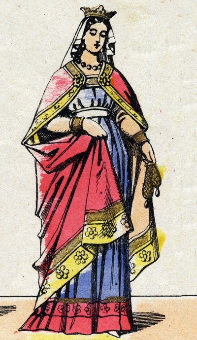 Dinastía carolingia: Retrato de Adelaida de Anjou también llamada Adelaida de Gévaudan o Blanca de Anjou (947-1026), reina de Francia, esposa de Luis V llamado el Holgazán (967-987). Imagen de Épinal de finales del siglo XIX. Colección privada. de French School