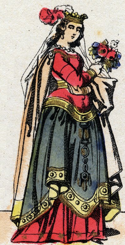 Dinastía carolingia: Retrato de Hildegarda de Vintzgau (v. 758-783) esposa de Carlos el Grande o Carlomagno (Carolus Magnus, 742-814). Imagen de Epinal de finales del siglo XIX. Colección privada. de French School