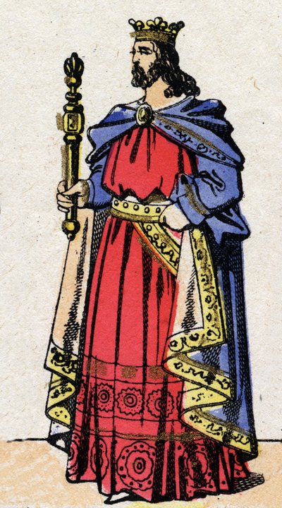 Dinastía carolingia: Retrato de Luis IV, conocido como Ultramar (921-954), Rey de los Francos de 936 a 954. Imagen de Épinal de finales del siglo XIX. Colección privada de French School