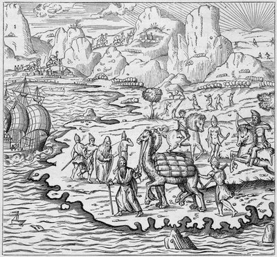 Transporte de mercancías por camello para cargar barcos que salen del puerto griego en Alejandría hacia Europa. Grabado en “La Marine et les colonies: commerce” de French School