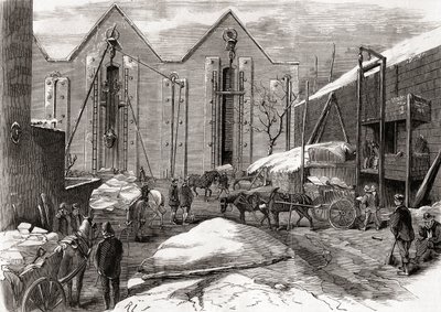 Cargamento de hielo en los almacenes de hielo del Sr. Charles, Lindsey House, Londres, de "L