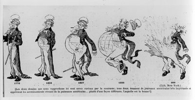 Caricatura comentando sobre las adquisiciones de tierras de los Estados Unidos de América, ilustración de Le Rire, 4 de marzo de 1895 de French School