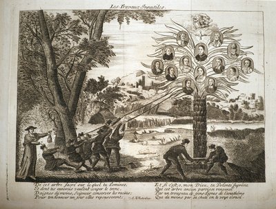 Caricatura que representa a los jesuitas tratando de derribar el Árbol del Jansenismo de French School