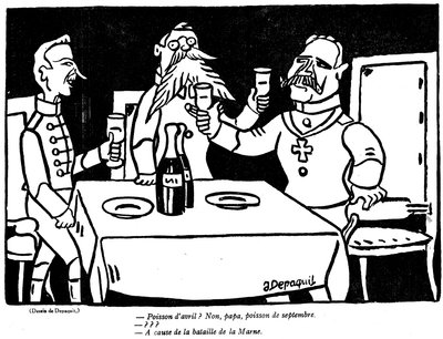 Caricatura que representa a un soldado alemán y su padre con una alusión satírica al desastre alemán del Marne, de la edición del Día de los Inocentes de La Baionette, 29 de marzo de 1917 de French School
